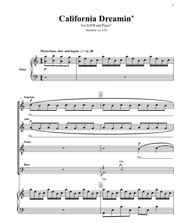 商品为SSAA 四声部合唱线谱 California Dreamin 赫夫版 童声女声合唱线谱 有试听-云音圈