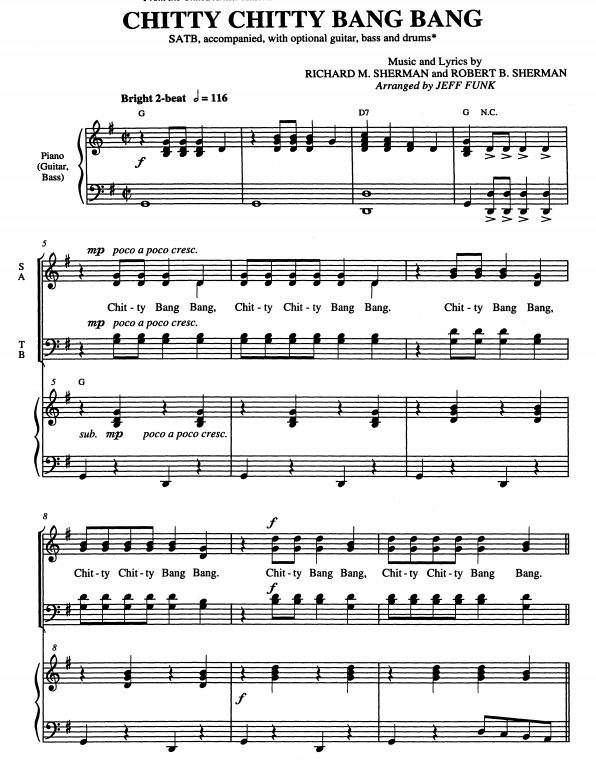 飞天万能车 Chitty Chitty Bang Bang 放克版 SATB 四声部混声 合唱线谱  有试听-云音圈