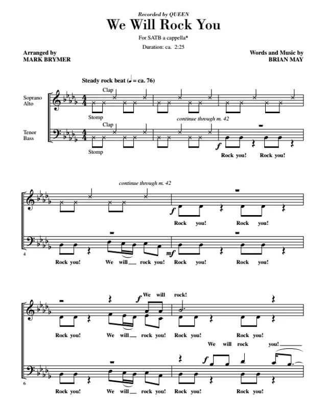 We Will Rock You 阿卡贝拉 SATB 四声部混声无伴奏 合唱线谱 有试听-云音圈