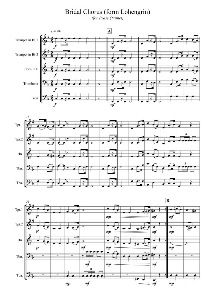 婚礼进行曲 瓦格纳 铜管五重奏总分谱 2分 有试听-云音圈
