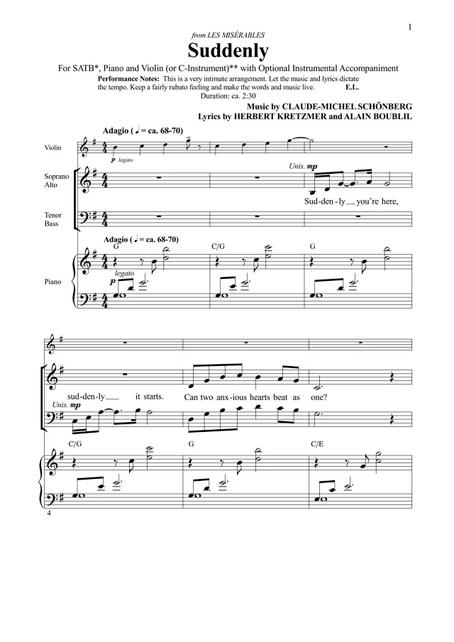 悲惨世界 Suddenly 洛耶斯基版 SATB 四声部混声 合唱线谱-云音圈