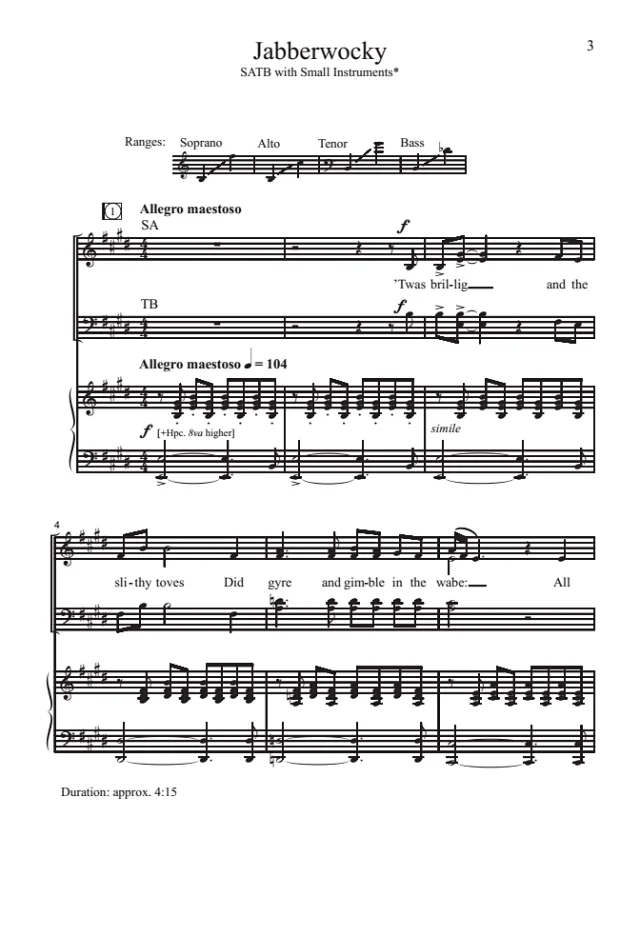 炸脖龙 Jabberwocky SATB 四声部混声 打击乐伴奏 合唱线谱  有试听-云音圈