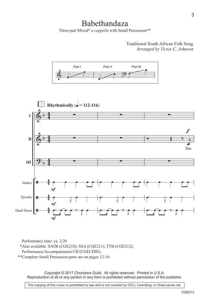 Babethandaza 约翰逊版 阿卡贝拉 打击乐伴奏 SAB 三声部混声 合唱线谱 有试听-云音圈