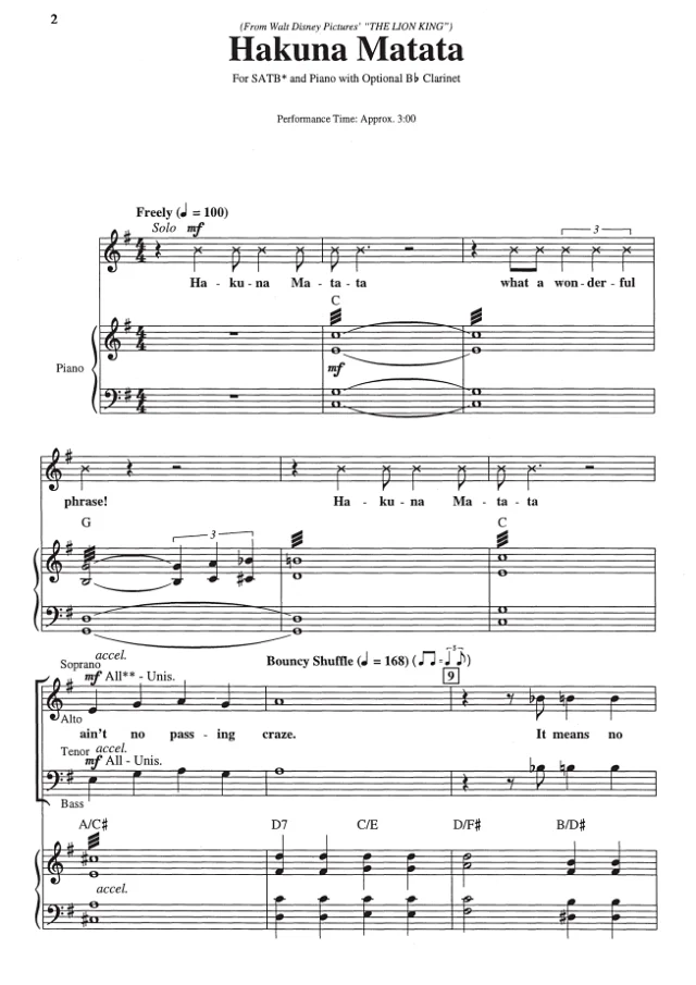 狮子王 Hakuna Matata 爱默生版 SATB 四声部混声 合唱线谱 有试听-云音圈