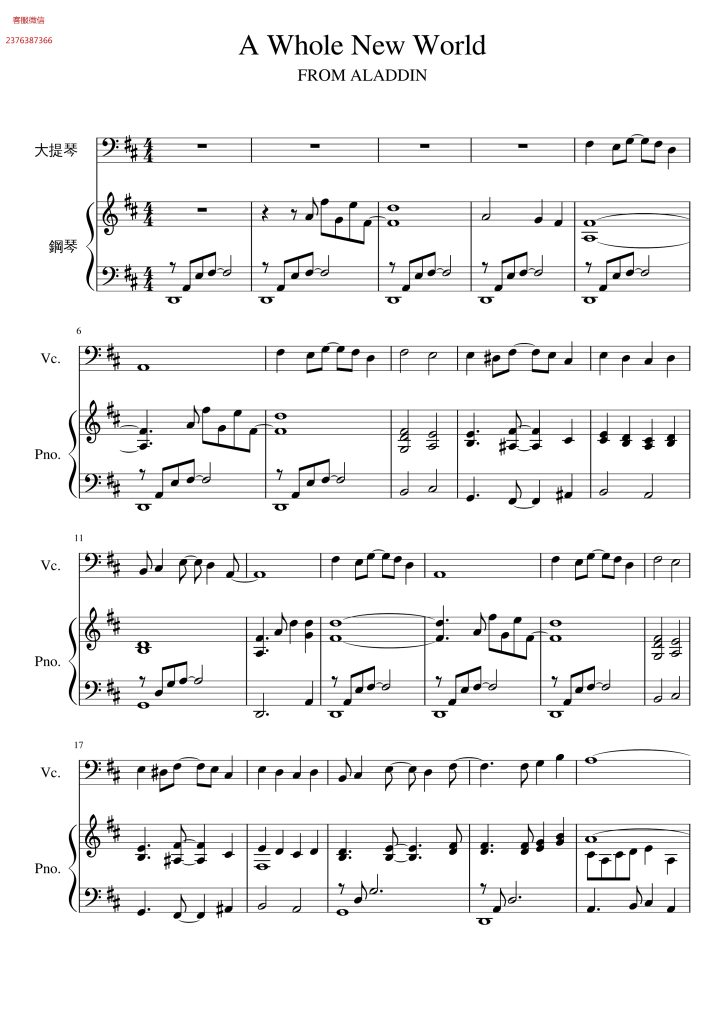 A whole new world  大提琴钢琴总分谱  有试听-云音圈