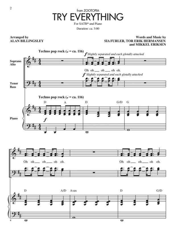 疯狂动物城 Try Everything 比林斯利版 SATB 四声部混声 合唱线谱 有试听-云音圈