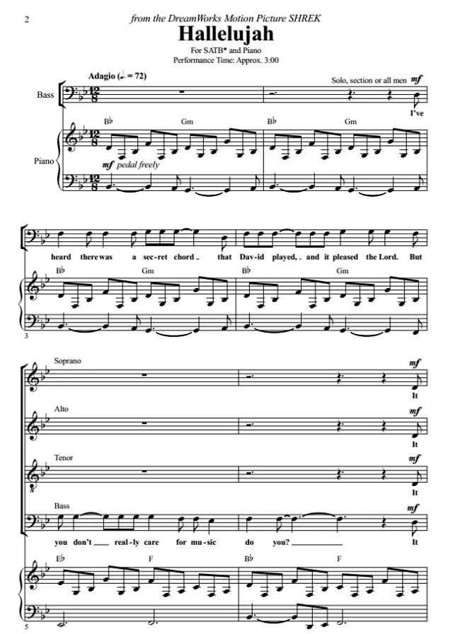 合唱线谱 科恩 Hallelujah 爱默生版 SATB 四声部混声合唱 有试听-云音圈