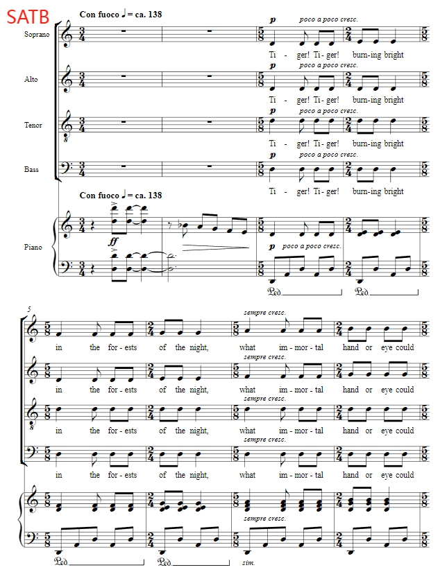 合唱线谱  老虎 The Tiger 贝诺夫斯基版 SATB 四声部混声合唱 有试听-云音圈