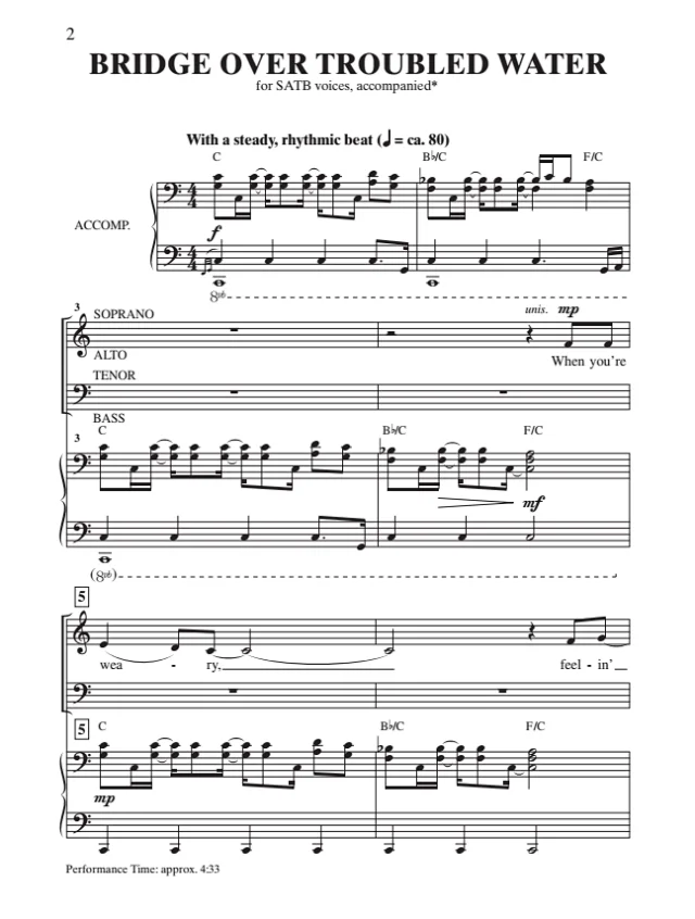 合唱线谱  Bridge Over Troubled Water 海斯版 SATB 四声部混声合唱 有试听-云音圈