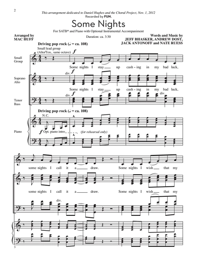 合唱线谱  FUN.乐队 Some Nights 赫夫版 SATB 四声部混声流行合唱 有试听-云音圈