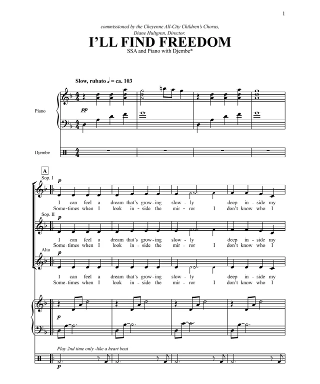 合唱线谱  I'll Find Freedom 帕普里斯版 三声部童声女声合唱SSA+钢琴谱 非洲手鼓伴奏 有试听-云音圈