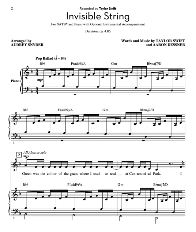 商品为合唱线谱 霉霉 Invisible String 施奈德版 SATB 四声部混声流行合唱  有试听-云音圈