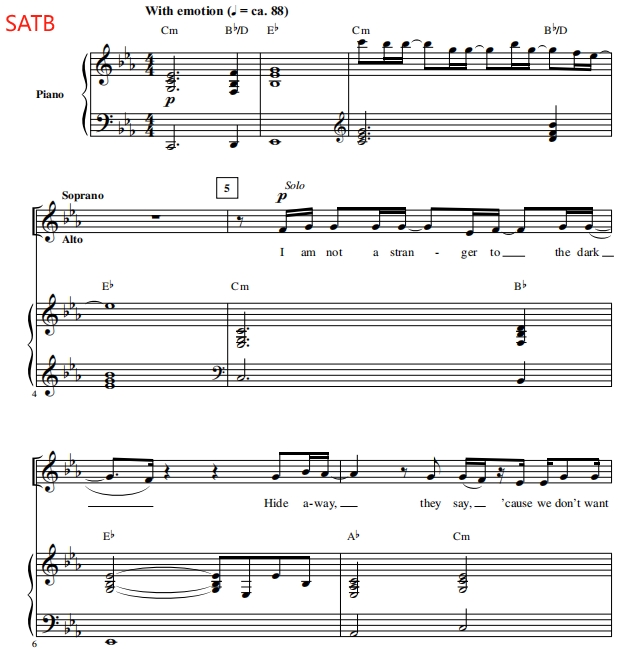 商品为SATB 四声部合唱线谱 This Is Me 赫夫版  混声合唱线谱 有试听-云音圈