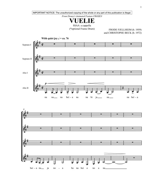 商品为SSAA 四声部合唱线谱 冰雪奇缘 大地之歌 Vuelie 原声版 阿卡贝拉 无伴奏女声合唱谱 有试听-云音圈