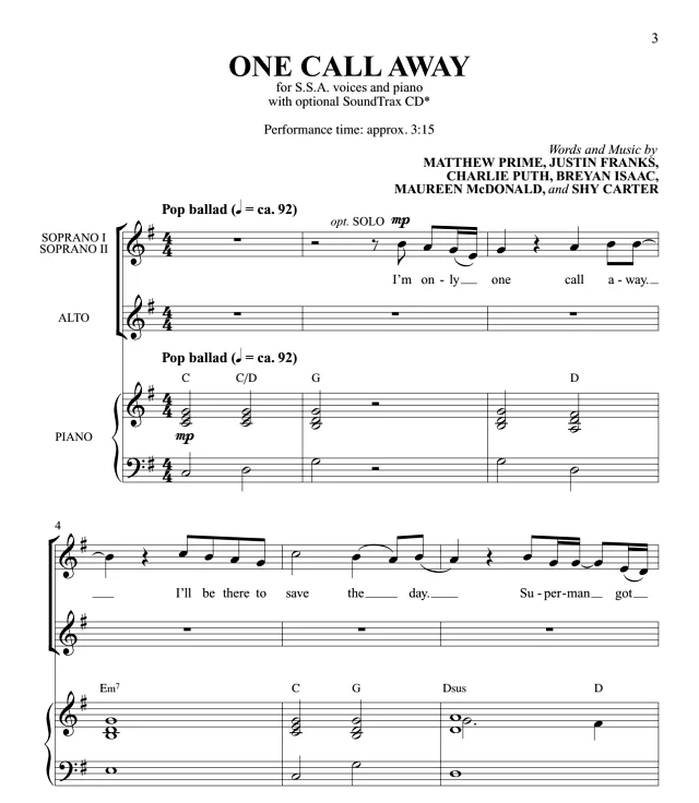 商品为SSA 三声部合唱线谱 断眉哥 One Call Away 比林斯利版 童声女声合唱谱 有试听-云音圈