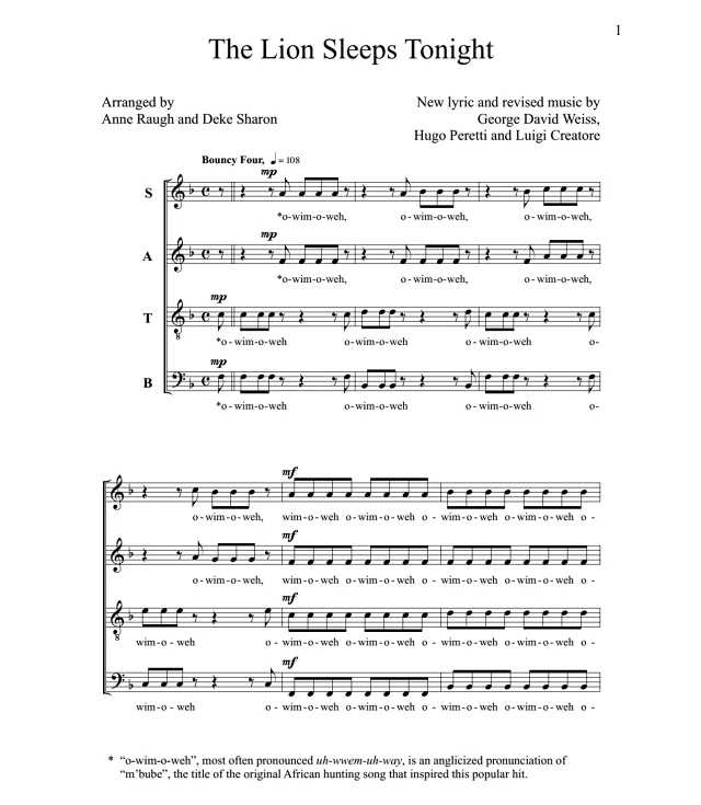 商品为SATB 四声部合唱线谱 狮子王 The Lion Sleeps Tonight 沙伦版 阿卡贝拉 无伴奏混声合唱谱 有试听-云音圈