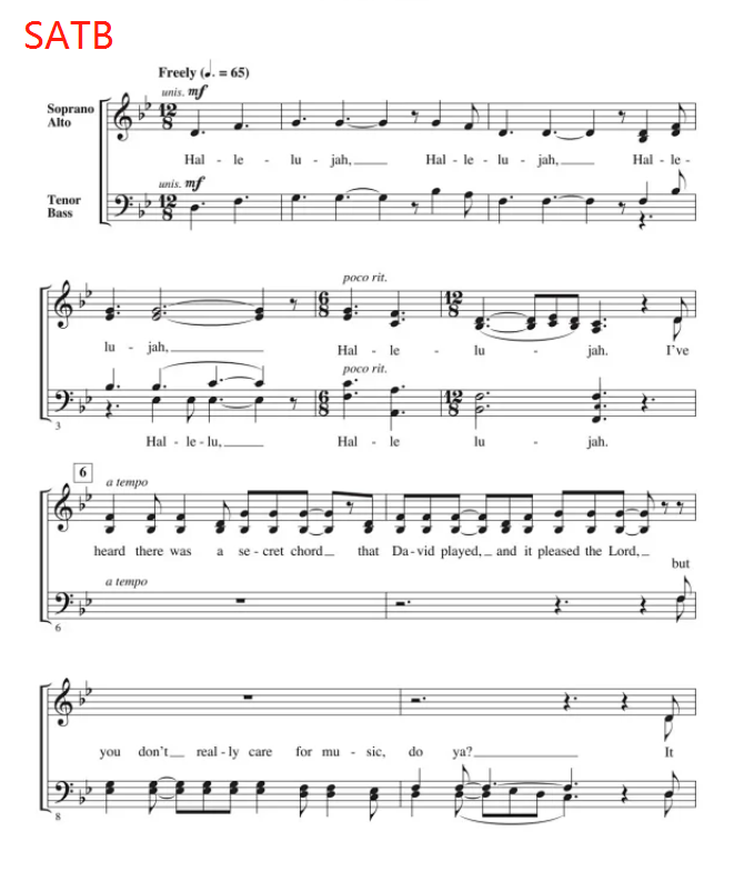 商品为SATB 四声部合唱线谱 科恩 Hallelujah 布莱默版 阿卡贝拉 无伴奏混声合唱谱 有试听-云音圈