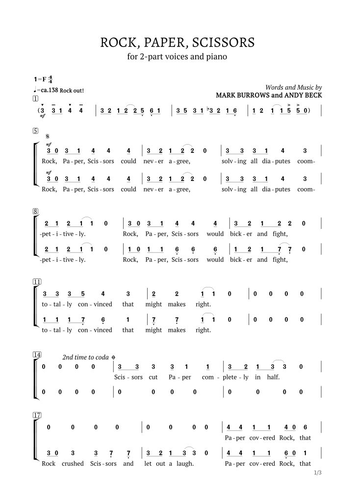 商品为SA 二声部合唱简谱 剪刀石头布 Rock Paper Scissors 童声女声合唱  有试听-云音圈