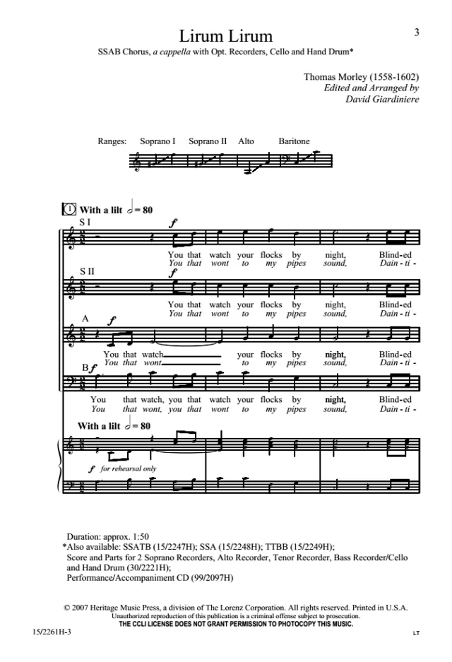 Lirum Lirum 阿卡贝拉 SATB 四声部混声 合唱线谱 有试听-云音圈