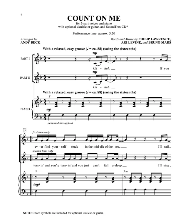 商品为SA 二声部合唱线谱 火星哥 Count On Me 贝克版 阿卡贝拉 童声女声合唱谱 有试听