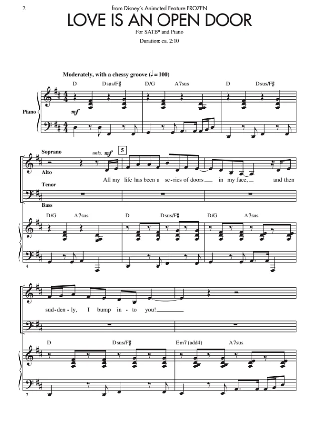 冰雪奇缘 Love Is An Open Door SATB 四声部混声 合唱线谱 有试听