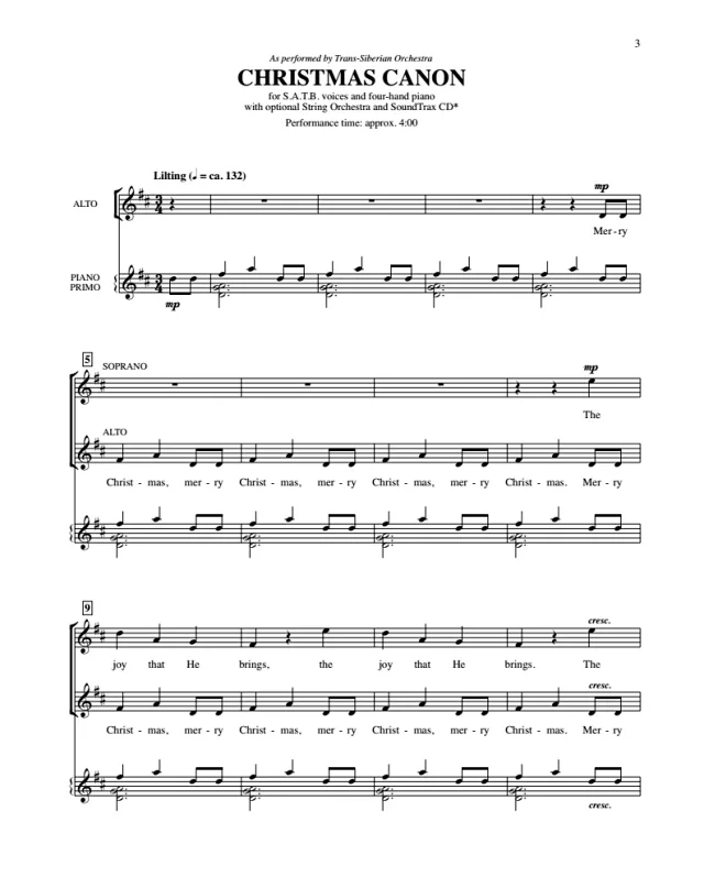 圣诞卡农 贝克版 SATB 四声部混声 钢琴四手联弹伴奏 合唱线谱 有试听