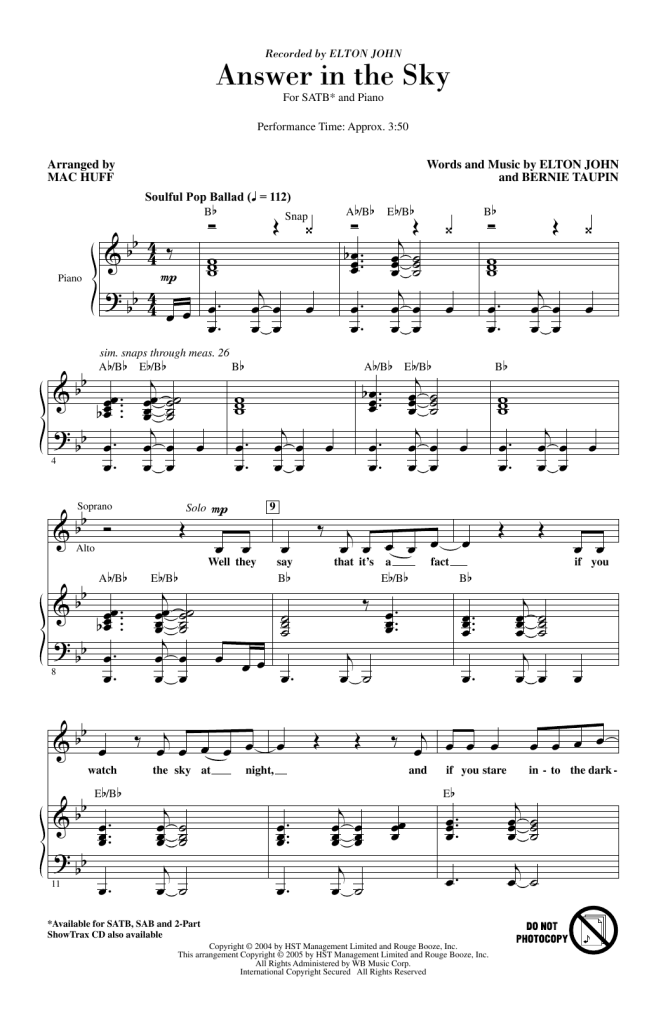 埃尔顿.约翰 Answer In The Sky 赫夫版 SATB 四声部混声 合唱线谱