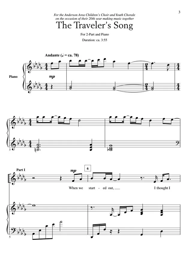 合唱线谱 旅行者之歌 The Traveler's Song 比姆版 二声部童声女声合唱+钢琴 有试听