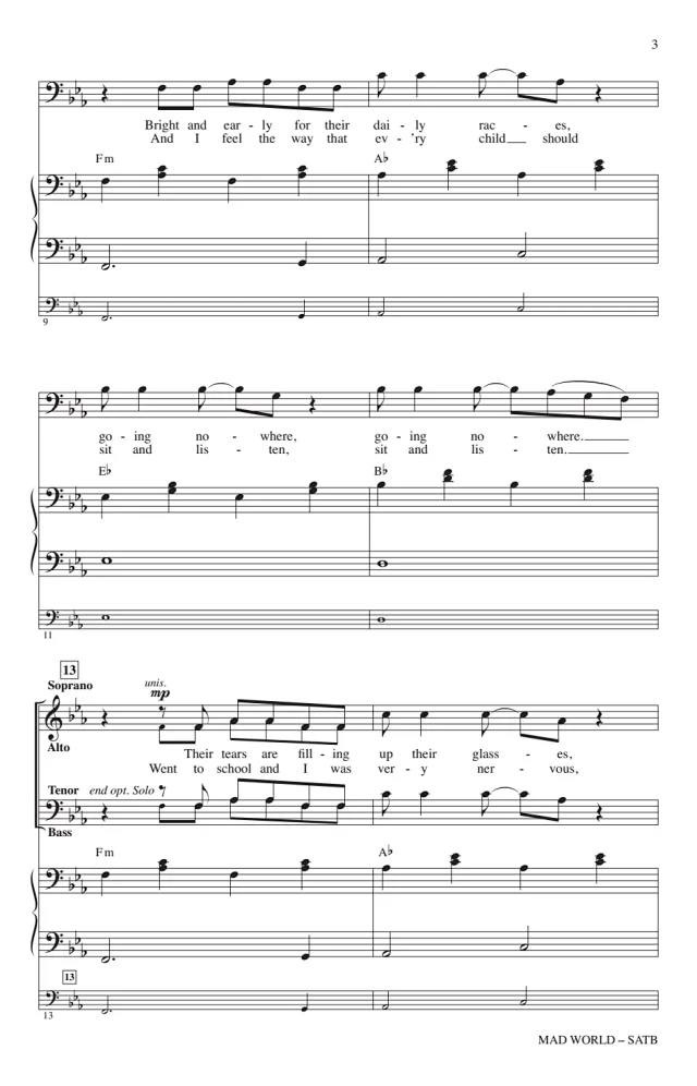 图片[2]-合唱线谱 疯狂世界 Mad World SATB 四声部混声流行合唱 大提琴伴奏 有试听