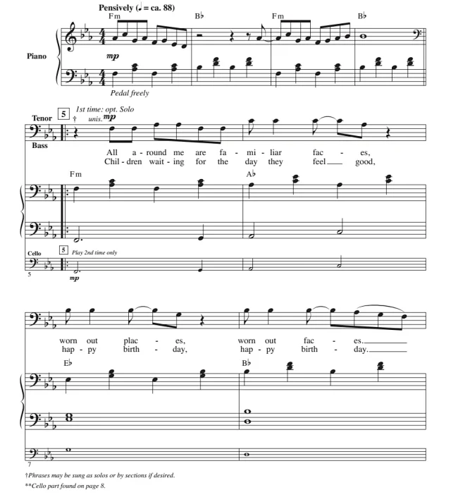 合唱线谱 疯狂世界 Mad World SATB 四声部混声流行合唱 大提琴伴奏 有试听