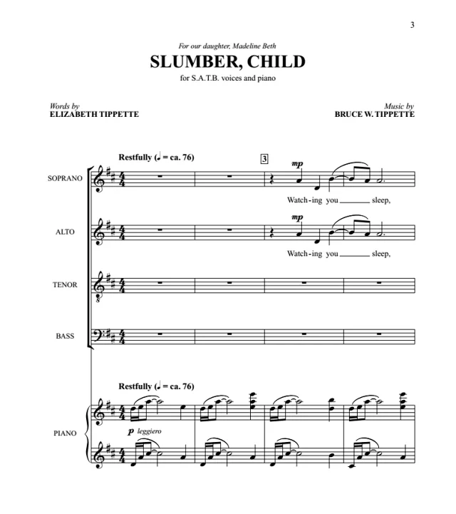 合唱线谱 睡吧，孩子 Slumber, Child 四声部混声合唱SATB+钢琴 有试听