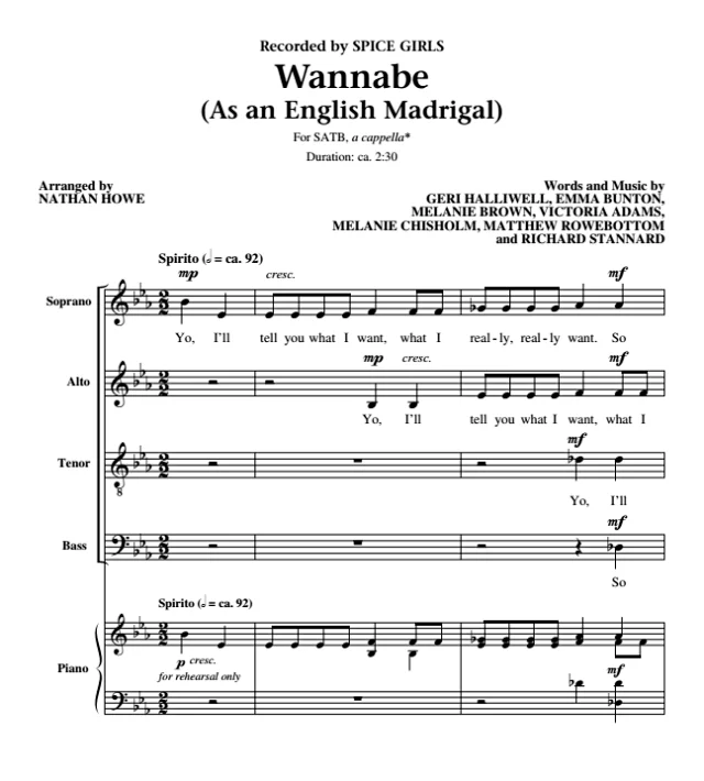 合唱线谱  Wannabe 豪版 流行阿卡贝拉 SATB 四声部混声无伴奏合唱谱  有试听