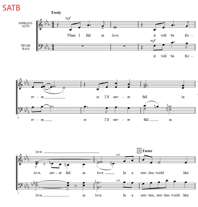 合唱线谱  When I Fall in Love 科比肖版 阿卡贝拉 SATB 四声部混声合唱谱  有试听