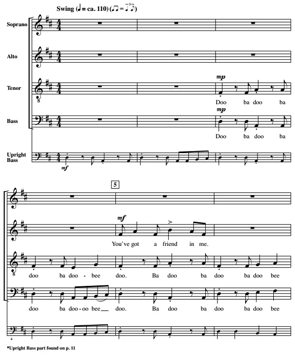 合唱线谱  You've Got A Friend In Me 米勒版 阿卡贝拉 SATB 四声部无伴奏混声合唱谱 立式贝斯伴奏 有试听