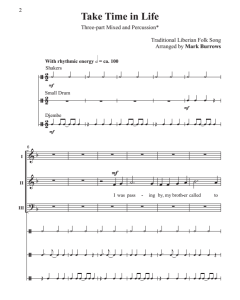 商品为合唱线谱 利比里亚民歌 Take Time in Life 布罗斯版 阿卡贝拉 三声部无伴奏混声合唱谱 打击乐  有试听-云音圈