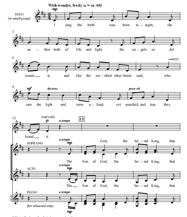商品为合唱线谱 我歌唱诞生 I Sing the Birth 布鲁恩版 阿卡贝拉 SATB 四声部无伴奏混声合唱  有试听