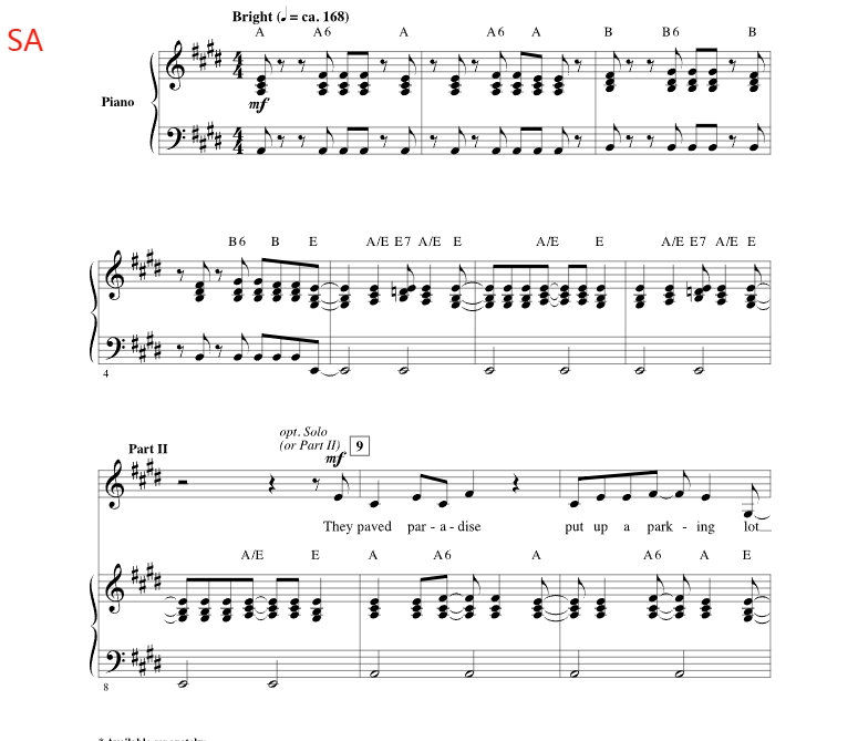 商品为合唱线谱 琼尼.米歇尔 Big Yellow Taxi 爱默生版 SA 二声部童声女声流行合唱  有试听