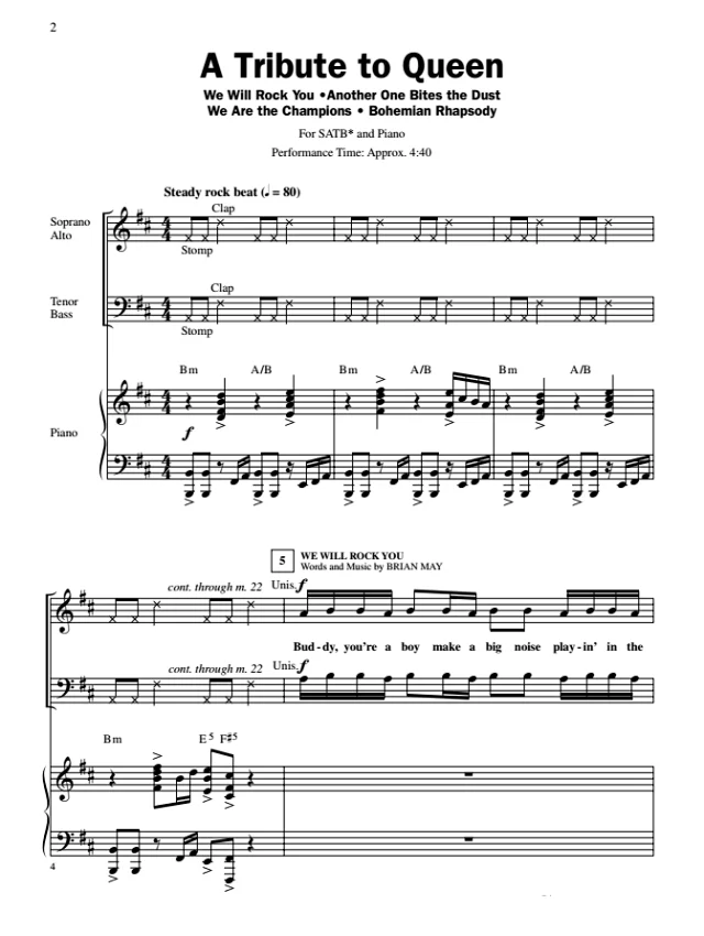 商品为合唱线谱 皇后乐队赞歌 A Tribute To Queen 布莱默版 SATB 四声部混声合唱谱  有试听