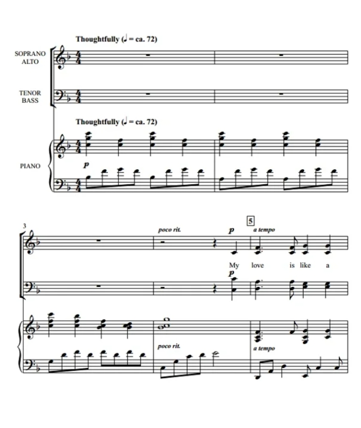 商品为合唱线谱 红红的玫瑰 A Red, Red Rose 吉尔平版 SATB 四声部混声合唱谱  有试听