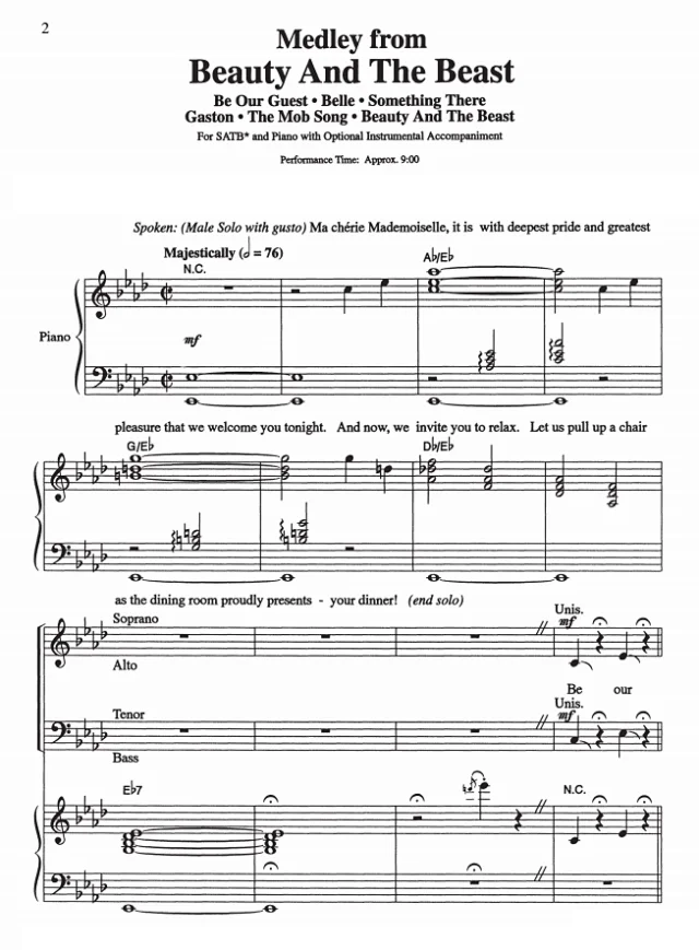 商品为合唱线谱 美女与野兽串烧 爱默生版 SATB 四声部混声合唱 有试听