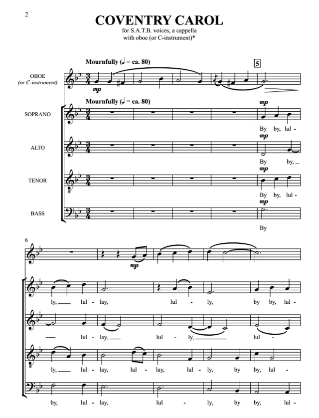 商品为合唱线谱 考文垂颂歌 Coventry Carol 布罗斯版 阿卡贝拉 SATB 四声部无伴奏混声合唱谱 双簧管伴奏  有试听