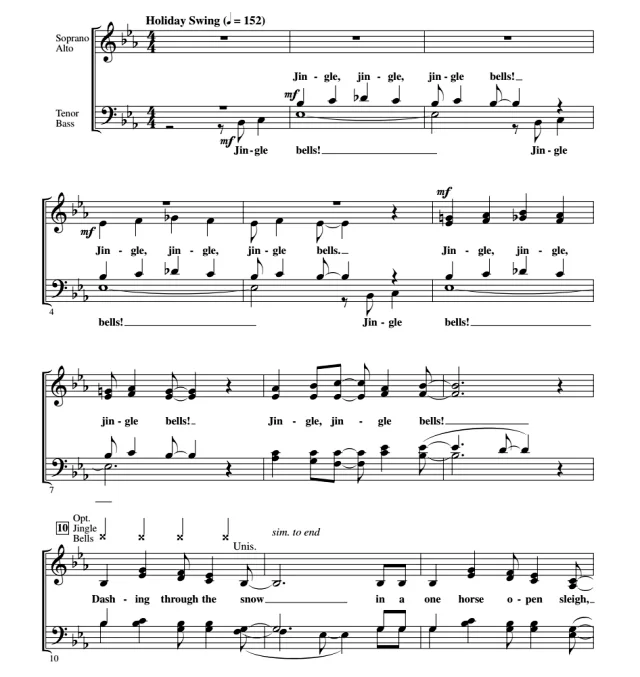 商品为合唱线谱 铃儿响叮当 Jingle Bells 科比肖版 爵士阿卡贝拉 SATB 四声部混声无伴奏合唱 有试听