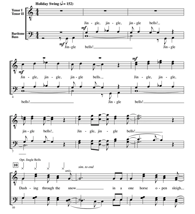 商品为合唱线谱 铃儿响叮当 Jingle Bells 科比肖版 爵士阿卡贝拉 TTBB 四声部男声无伴奏合唱 有试听