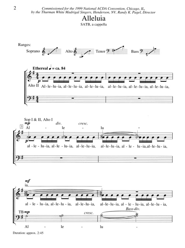 商品为SATB 四声部合唱线谱 Alleluia 斯佩伐克版 阿卡贝拉 混声无伴奏合唱谱 有试听
