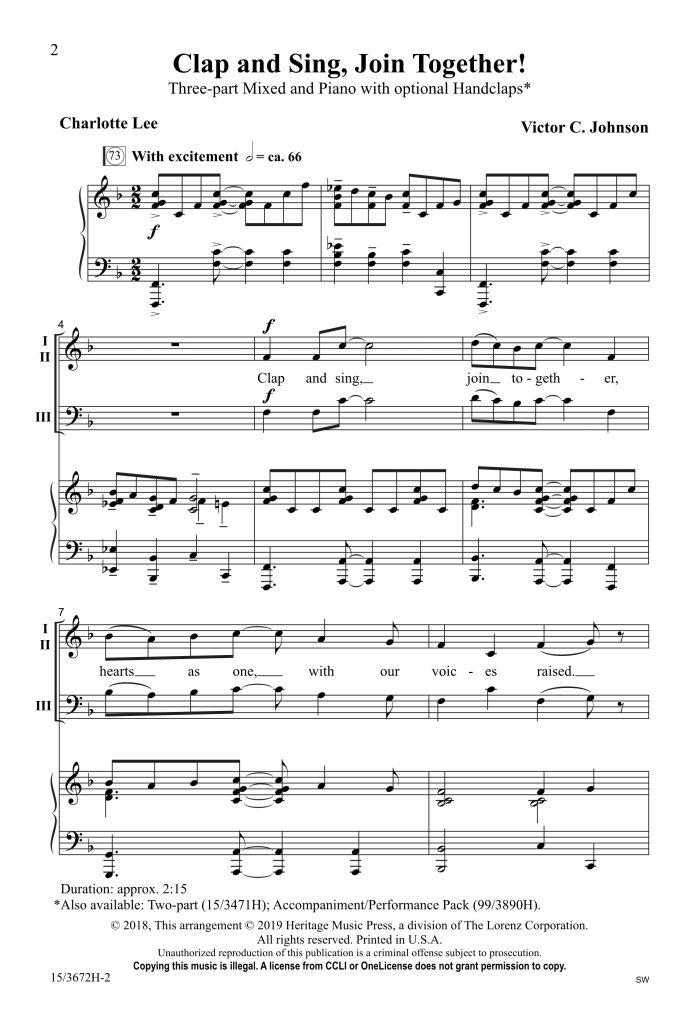 商品为SAB 三声部合唱线谱 Clap and Sing, Join Together! 约翰逊版 混声合唱谱  有试听