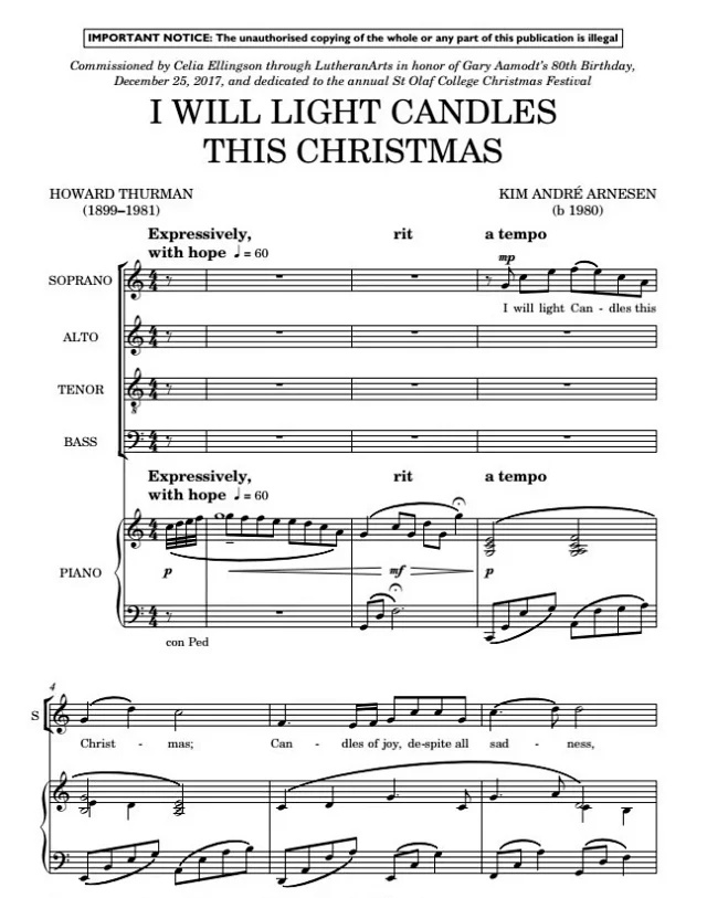 商品为SATB 四声部合唱线谱 I Will Light Candles This Christmas 混声合唱+钢琴谱  有试听