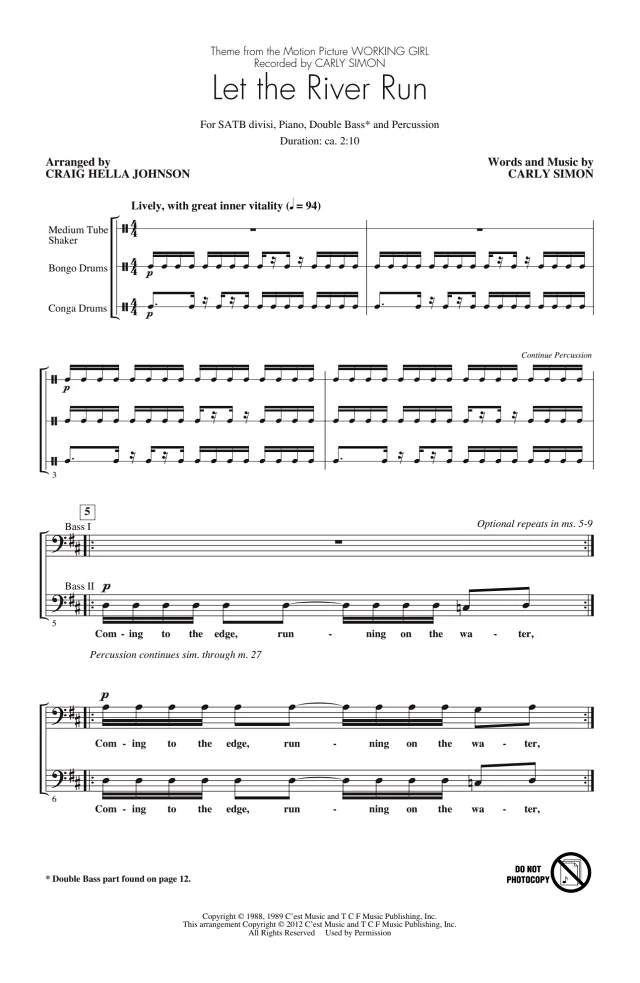 商品为SATB 四声部合唱线谱 Let the River Run 约翰逊版 混声合唱谱 有试听