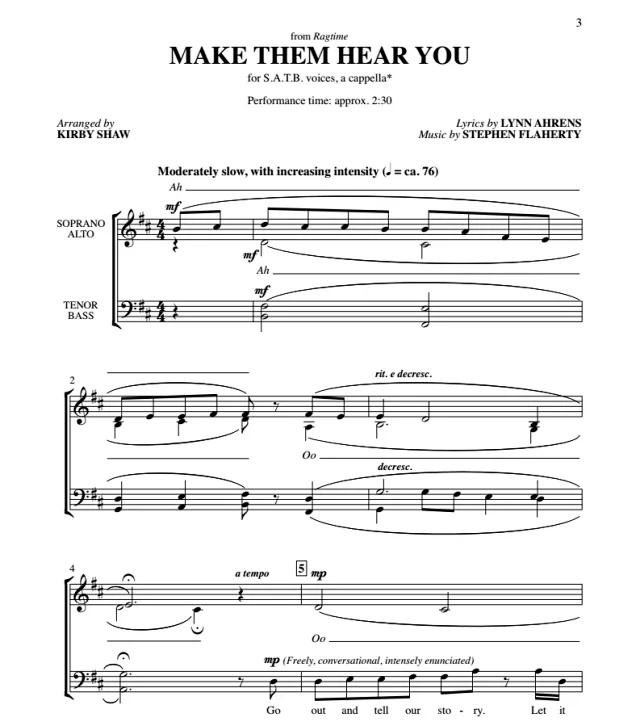 商品为SATB 四声部合唱线谱 Make Them Hear You 科比肖版 阿卡贝拉 混声无伴奏合唱谱  有试听