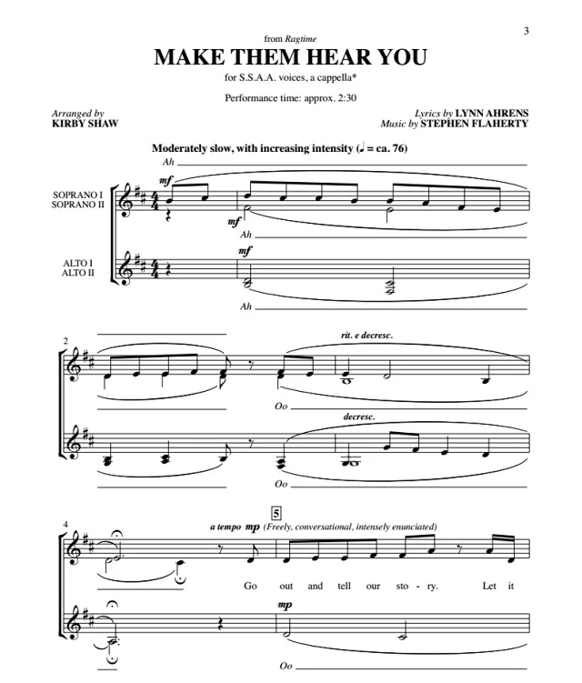 商品为SSAA 四声部合唱线谱 Make Them Hear You 科比肖版 阿卡贝拉 童声女声无伴奏合唱谱 有试听