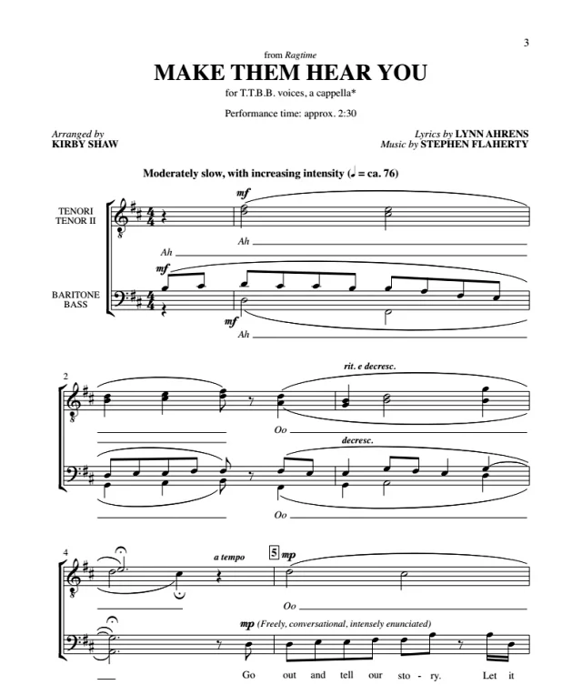 商品为TTBB 四声部合唱线谱 Make Them Hear You 科比肖版 阿卡贝拉 男声无伴奏合唱谱  有试听